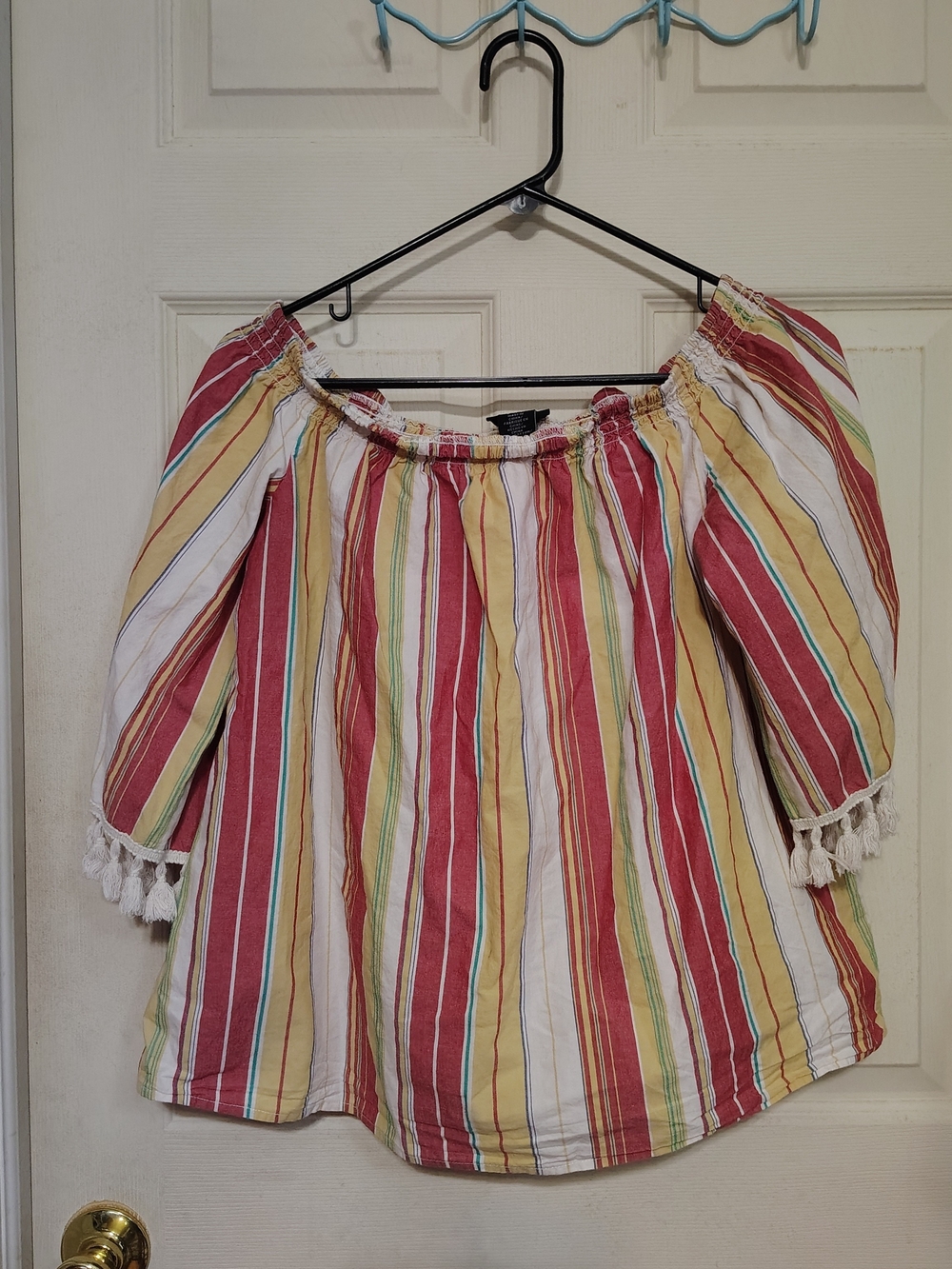 Striped Off-Shoulder Peasant Blouse in Red, Yellow & White